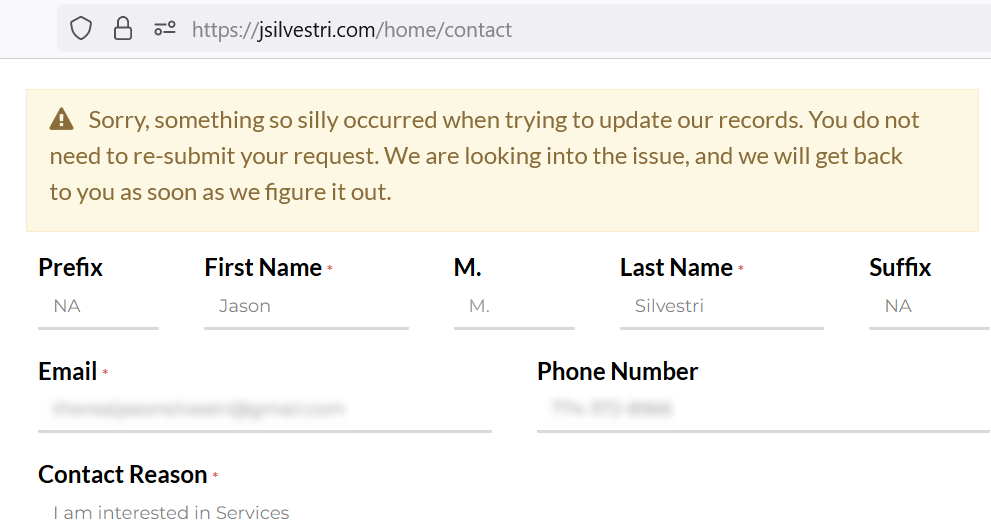 Jason Silvestri BETA v 2023.0.0.21 - Figure 3.1.1 - Before: Cannot Submit Contact Form: Closeup
