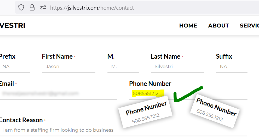 Jason Silvestri BETA v 2023.0.0.21 - Figure 3.2.2 - Contact Form Phone Number Will Now Validate with Just Numbers, hyphens or spaces - After Shot Closeup